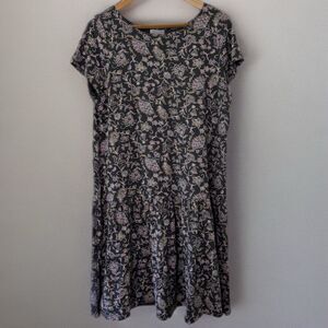 J. Jill Medium Dress Flounce Hem Short Sleeve Floral Paisley Cotton Gray/Purple